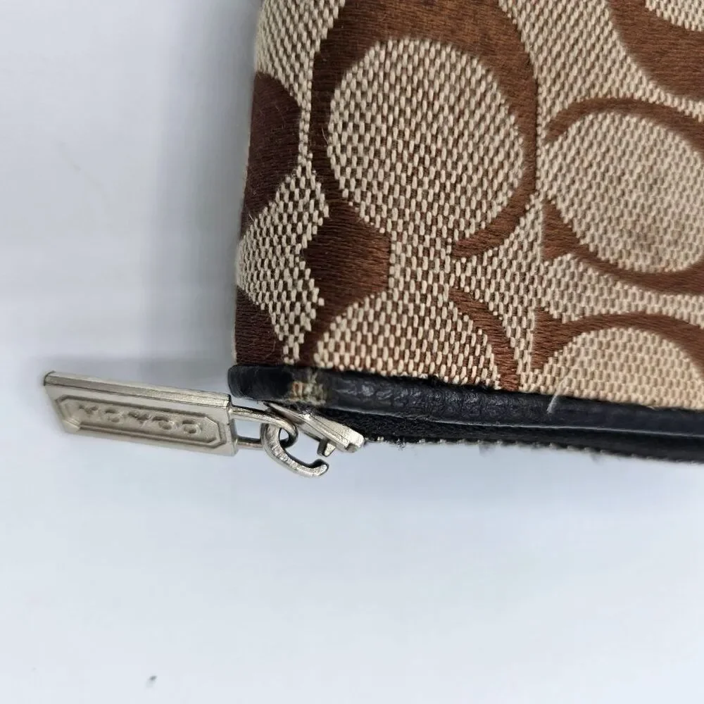 Coach Signature Zip Around Wallet Khaki Brown Canvas Black Leather Accordion